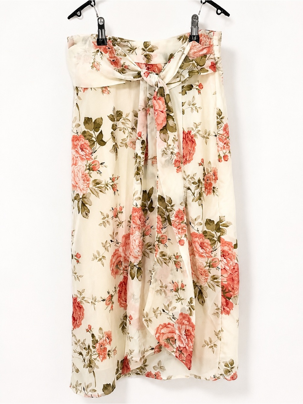 SHEIN Floral Tie Waist Midi Skirt Cream Pink Roses Small